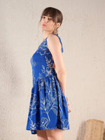 Women Royal Blue Floral Back Cut Out Short Dress