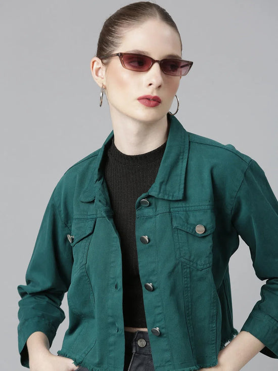 Women Teal Solid Denim Jacket-AE-0001-Teal