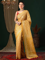 Saree Mall Women's Kota Doria Cotton Yellow Printed Designer Saree With Blouse Piece-SUMITRA302