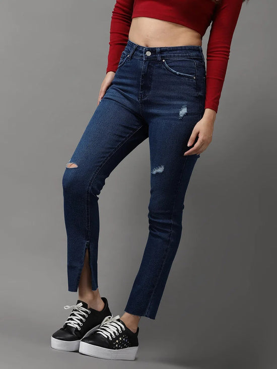 Women's Navy Blue Solid Slim Fit Denim Jeans-GZ-5180-Navyblue