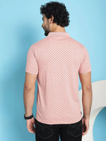 Venitian Men All Over Printed Polo Neck Pink Cotton T-Shirt With Pocket