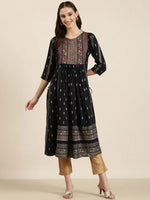 Women Navy Blue Printed A-Line Kurta-GW-3375-Navyblue