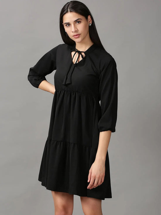 Women's Black Solid Fit and Flare Dress-AE-15710-Black