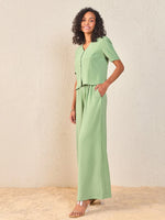 Women Green Front Button Top With Paperback Waist Pants