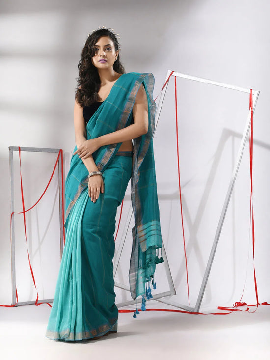 Teal Patli-Pallu Cotton Saree With Stripes Design-MA55CT06540004