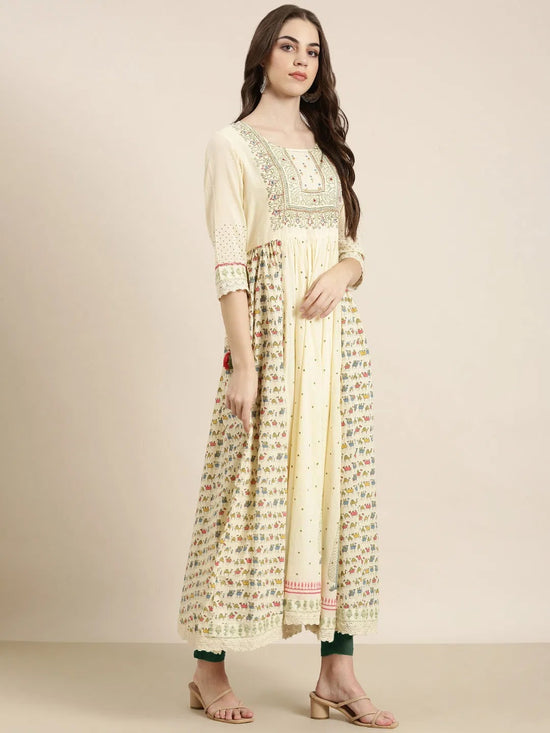 Women Cream Printed Anarkali Kurta-RF-2177-Cream