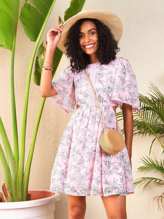 Women Pink Floral Waist Cut-Out Skater Dress