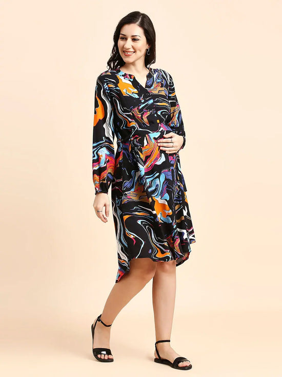 MomToBe Abstract Print Maternity Fit Flare Dress-1229mtbblkmarbled-l