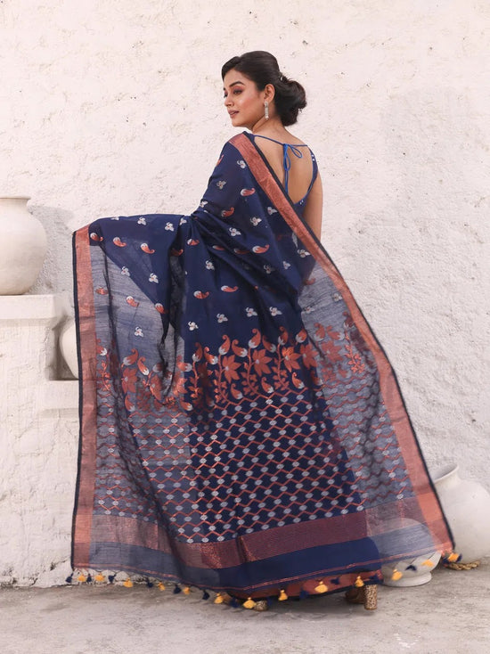 Navy Blue Cotton Saree With Zari Border-MA54BCT041380032