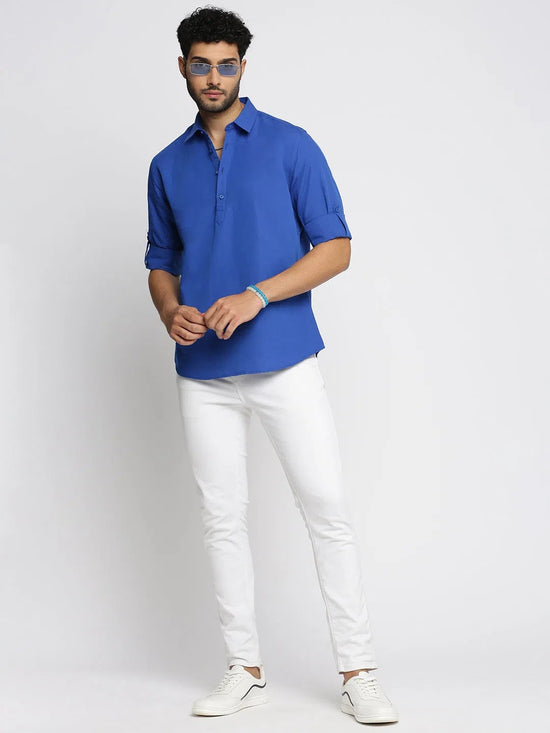 Men Blue Solid Shirt Collar Casual Short Kurta-LAGOM-2006-Blue