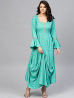 Bell sleeve printed long dress with front drape in Mint Blue