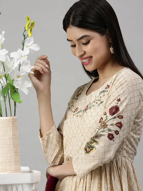 Women's Beige Floral Anarkali Kurta-BSM604-Beige