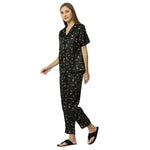 Smarty Pants Women's Silk Satin Black Color Star Print Night Suit-SMNSP-912-S