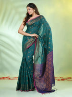 Teal Cotton Saree With Zari Borders-MA66BCT43830040