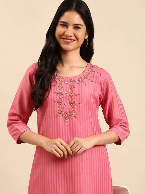 Women's Pink Solid Kurta Set-SKC-880-Pink