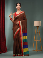 Brown Matka Handwoven Saree With Multicolour Stripes Pallu-MA50MT062200069