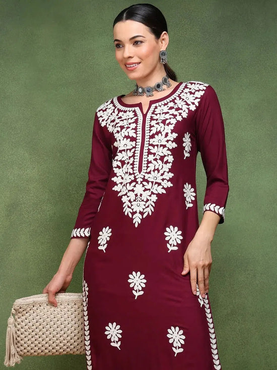 Ahika Women Burgundy Viscose Rayon Solid Embroidered Straight Kurta