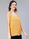 Women Yellow Floral Print Sleeveless Button -Down Top