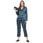 Smarty Pants Women's Silk Satin Teal Blue Color Teddy Print Full Sleeves Night Suit