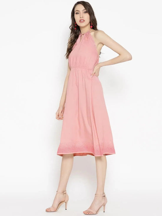 braid neck halter midi dress in Dusty Pink