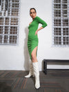 Women Green Rib Off-Shoulder Bodycon Dress