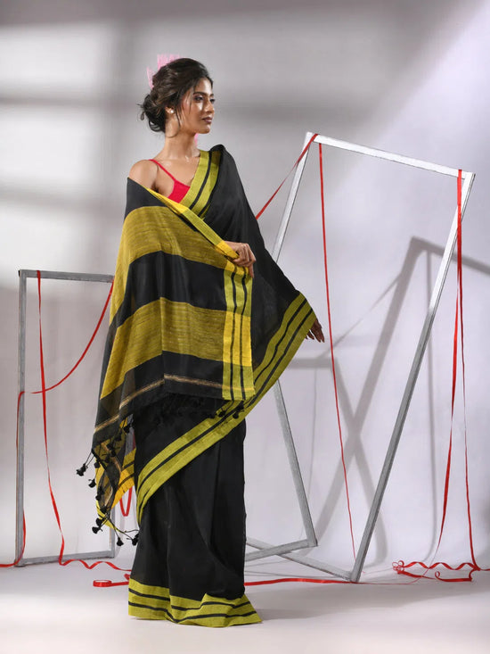 Black Cotton Saree With Stripe Solid Border-MA55CT06520077