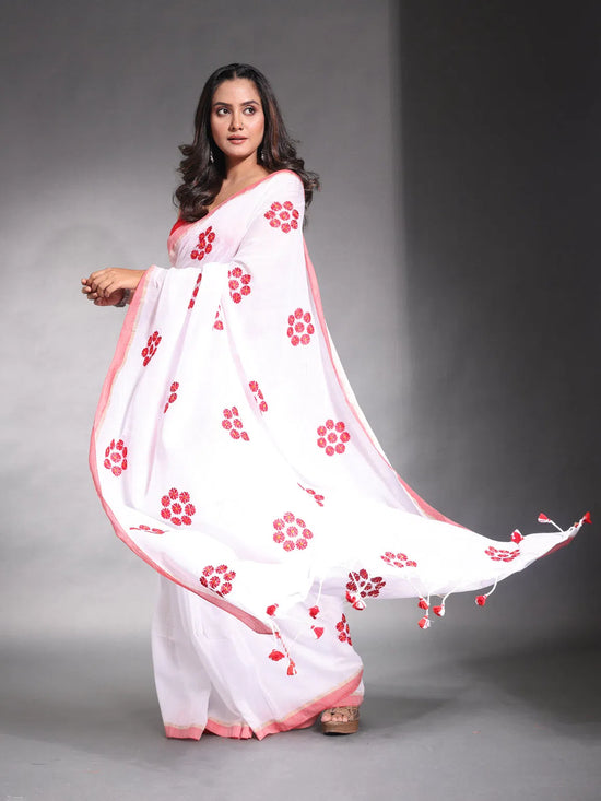 White Pure Cotton Soft Saree With Floral Embroidery Work-MA54CT33580100