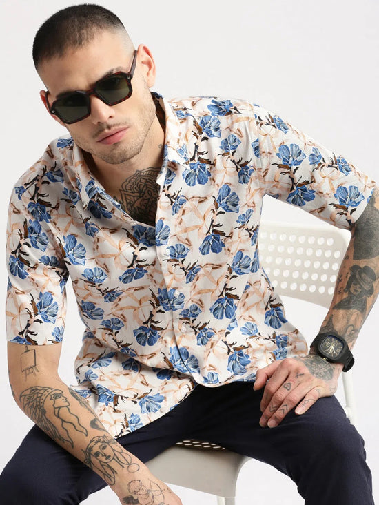 Men Spread Collar Floral Peach Casual Shirt-REVERIE-2125-Peach