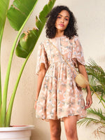 Women Nude Floral Waist Cut-Out Skater Dress