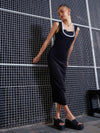 Women Black Rib Contrast Binding Back Slit Midi Dress