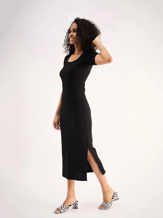 Women Black Rib Square Neck Slit Midi Dress