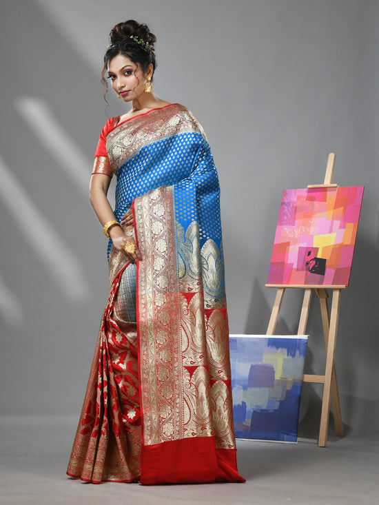 Sky Blue And Red Katan Silk Banarasi Patli Pallu Saree With Small Buttas And Ethnic Designs-MA52KA441380070