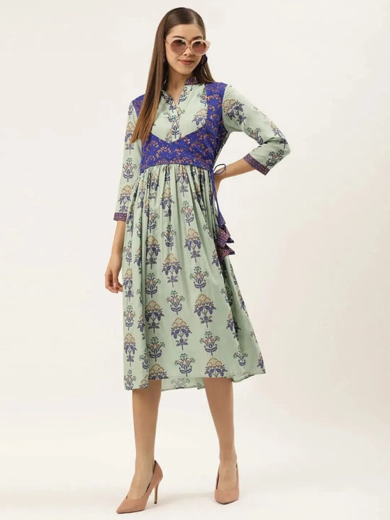 Printed Midi dress with mock waistcoat in pista green