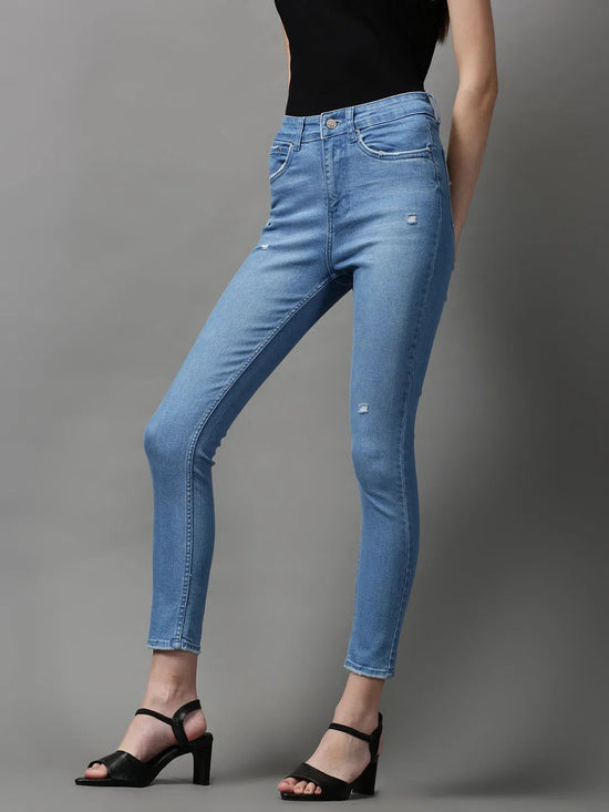 Women's Blue Solid Slim Fit Denim Jeans-GZ-5214-1-Blue