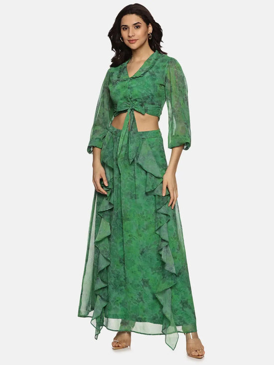 Floral Green Flare Detail Maxi Skirt-17356