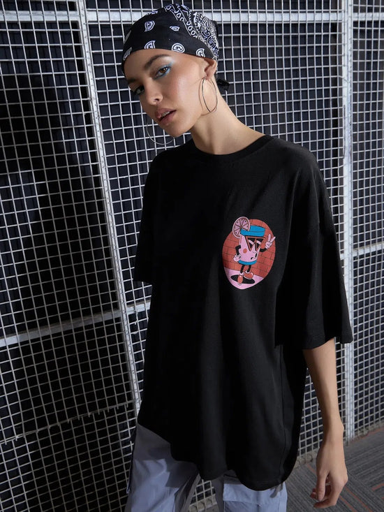 Women Black Cartoon Printed Oversized T-Shirt