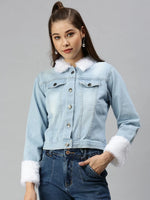 Women's Blue Solid Denim Jacket Jackets-AE-999154-Blue