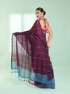 Dark Purple Half & Half Cotton Saree With Zari Stripes-MA59CT06540008