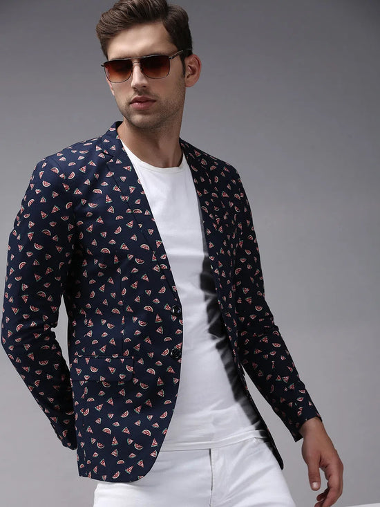 Men Blue Printed Blazer-SOBLZ-274-Navyblue