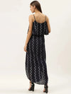 Printed Flare yoke with U hem long dress in navy