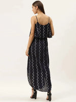 Printed Flare yoke with U hem long dress in navy