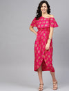 One Shoulder yoke overlap printed dress in Pink