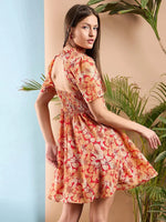 Women Red Floral Rhombus Neck A-Line Short Dress