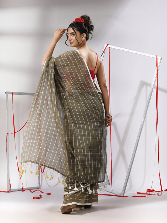 Ecru Cotton Saree With Check Designs-MA55CT06520137