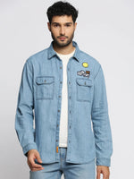 Men Blue Spread Collar Solid Oversized Shirt-SMILEDENIM-4914-Blue