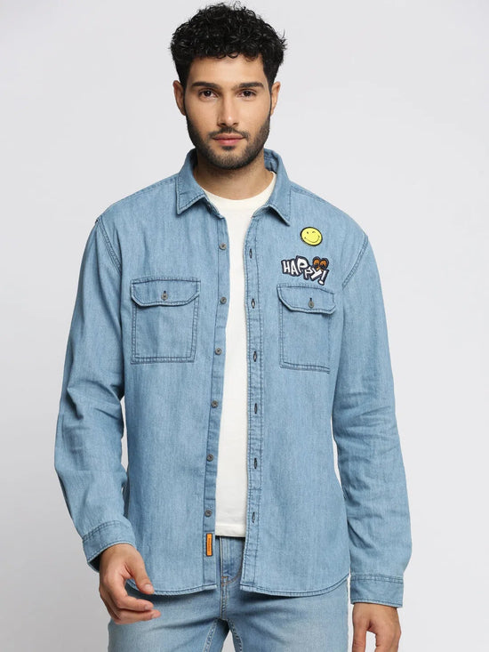 Men Blue Spread Collar Solid Oversized Shirt-SMILEDENIM-4914-Blue