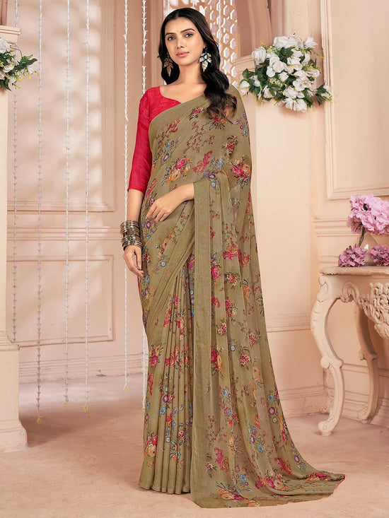 Saree Mall Women's Chiffon Olive Printed Designer Saree With Blouse Piece-STARCFN31902C