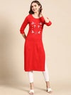 Women's Red Embellished Straight Kurta-SKC-3222A-Red