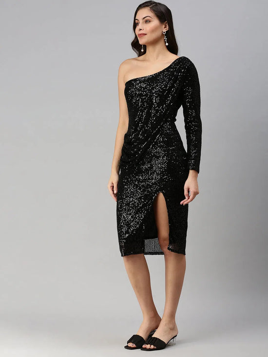 Women's Embellished Black Bodycon Dress-AJ-202-Black