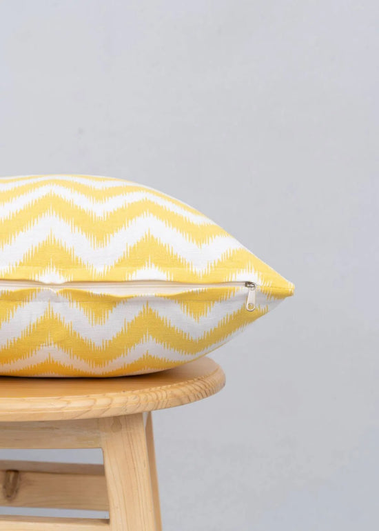 Ikat Chevron 100% cotton geometric cushion cover for sofa - Yellow-230454048